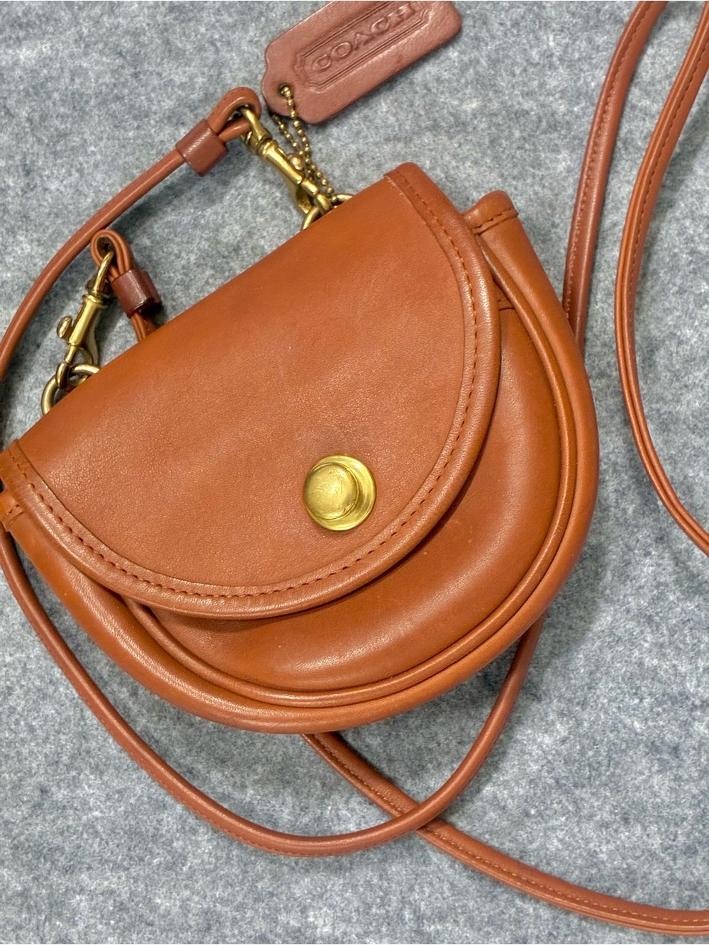 Vintage Coach Brown British Tan Leather Mini Belt Bag Crossbody with spring Lock